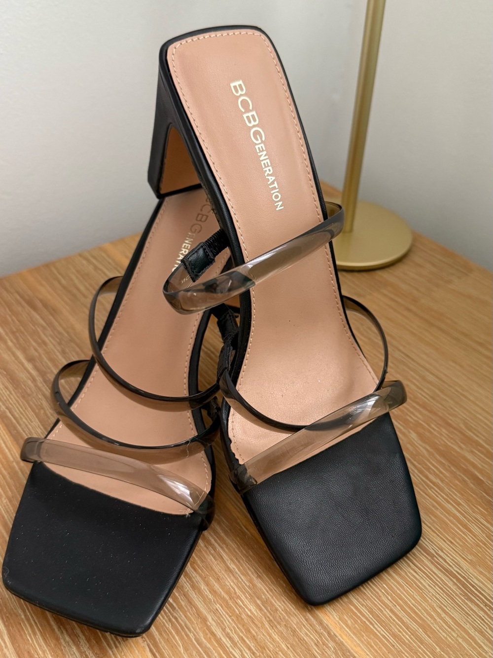 BCBGeneration Black Heeled Sandals with Clear Straps